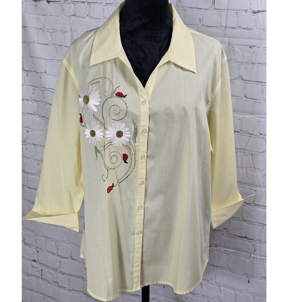 Tia Designs Womens Button Down XL Yellow Striped Ladybug Daisy‎ Embellished VTG